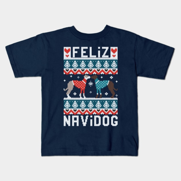 Feliz Navidog witty wordplay fair isle greyhounds // spot // teal and navy background cute dogs dressed with teal and red knitted Christmas ugly sweaters pixel art Kids T-Shirt by SelmaCardoso